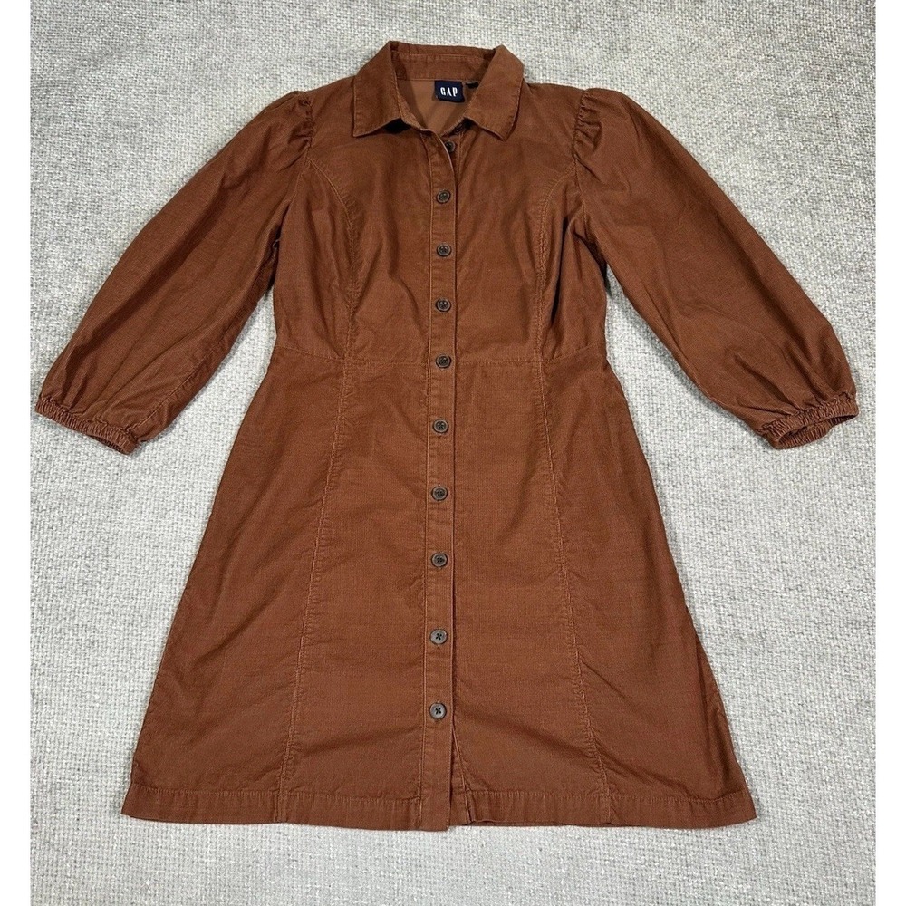 Gap Dress Womens XS Saddle Brown Corduroy Puff Sleeve Mini Button Front - Picture 3 of 9
